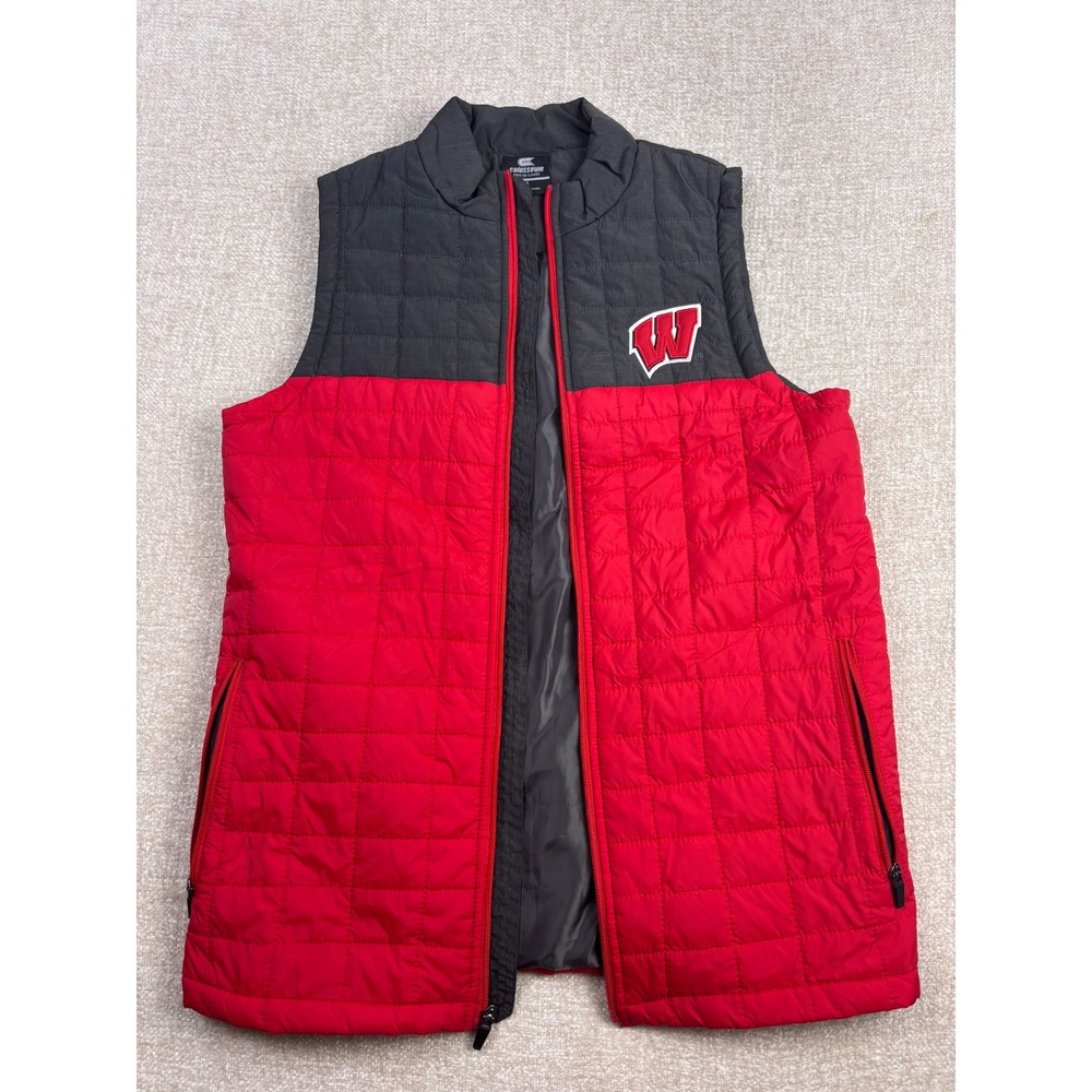 Colosseum Wisconsin Badgers Men Small Red Grey Quilted Puffer Vest Broken Zipper